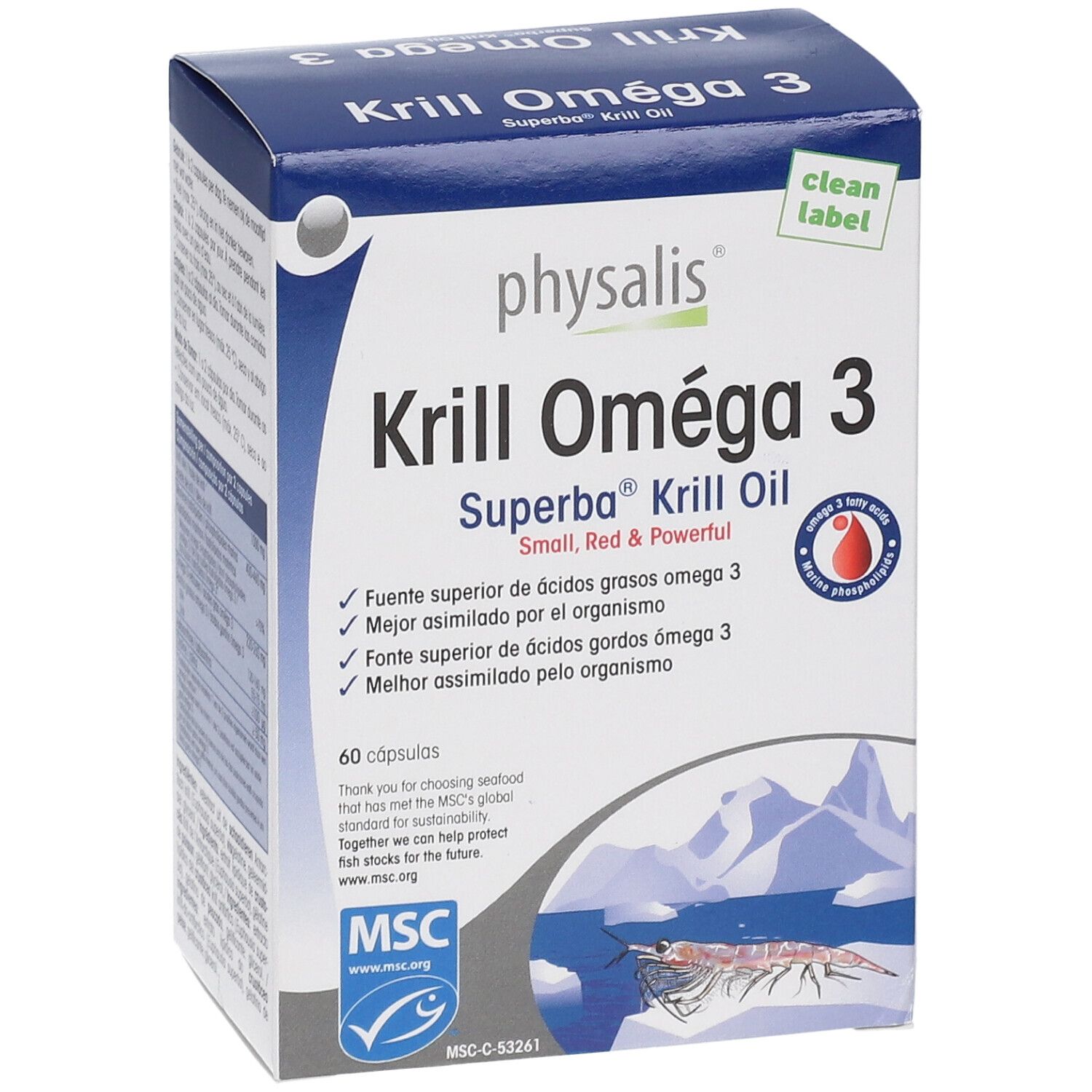 Boîte bleue et blanche "Krill Omega 3". Contient 60 capsules. Certification MSC. Inscription : "Small, Red & Powerful".