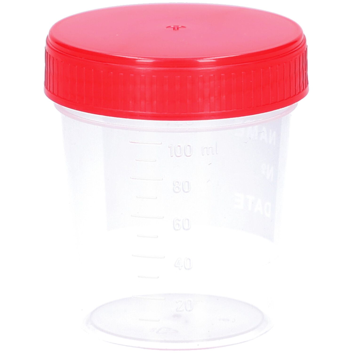 Gobelet transparent avec couvercle rouge. Échelle de mesure du volume. Inscription.