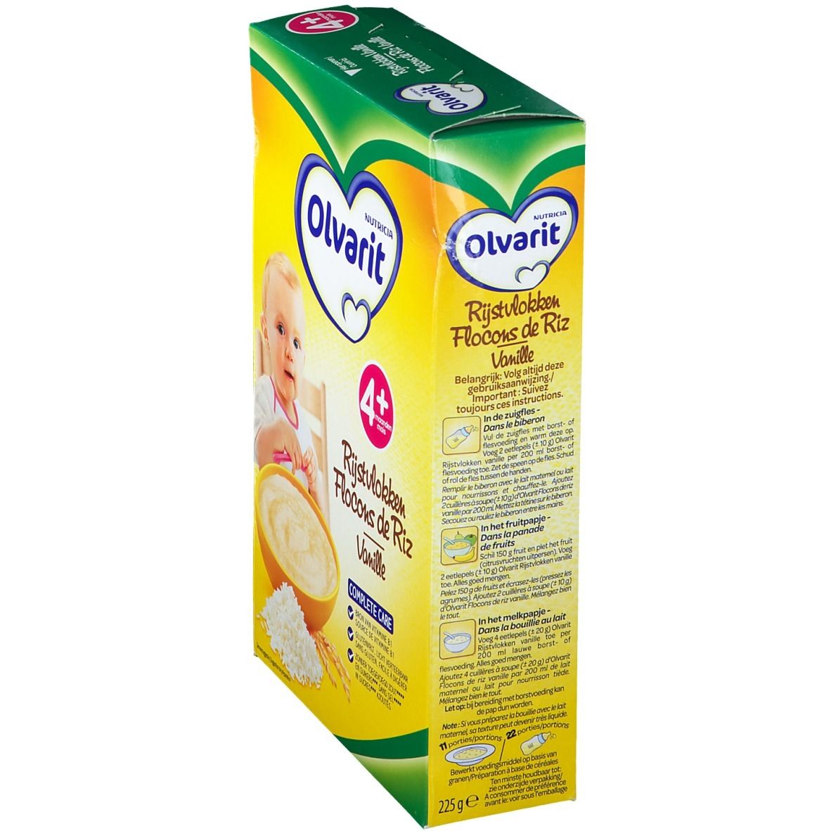 Boîte Olvarit Flocons de Riz Vanille. Emballage jaune et vert avec image et texte. Recommandé pour les bébés de 4+ mois.