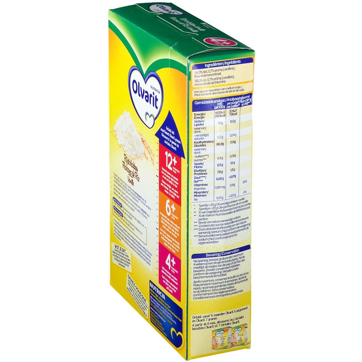 Boîte Olvarit Flocons de Riz Vanille. Emballage jaune et vert avec texte et indications d'âge: 4+, 6+, 12+ mois.