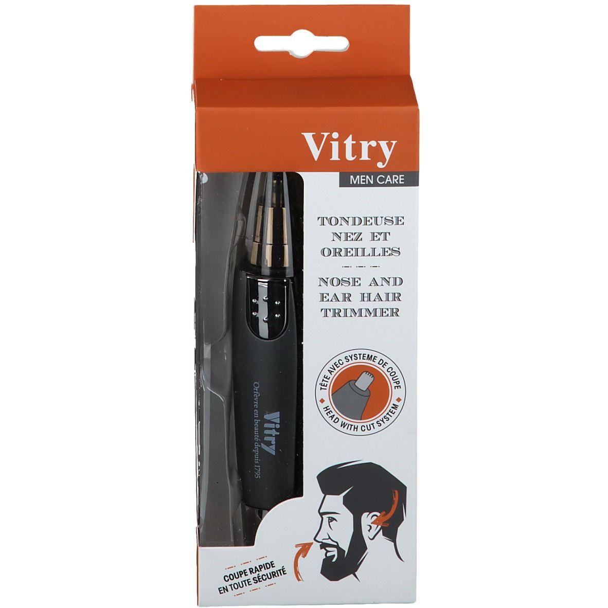 Tondeuse nez et oreilles noire dans son emballage. Marque Vitry. Boîte orange avec image et texte du produit.