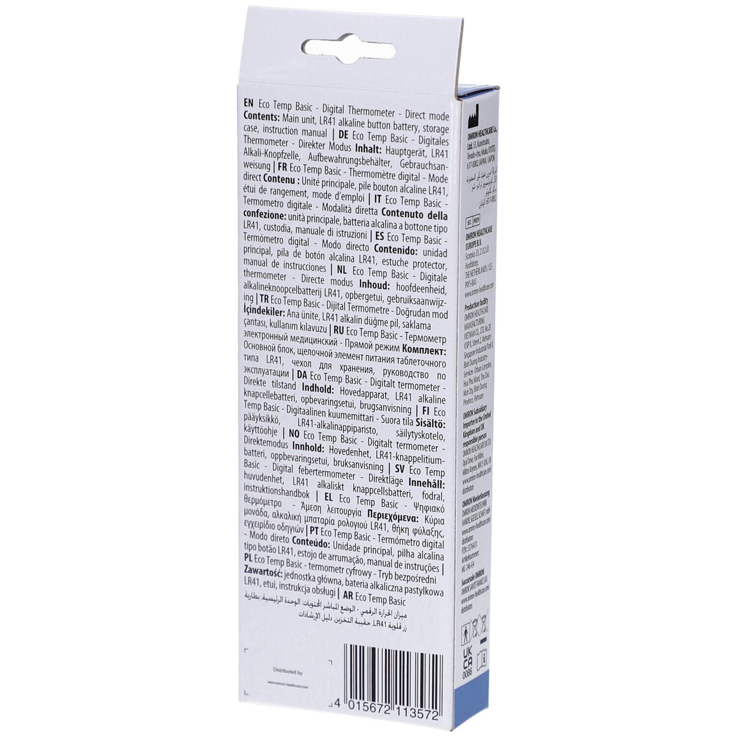 Dos de l'emballage Omron Eco Temp Basic. Texte en plusieurs langues. Contient des informations sur le contenu et les instructions d'utilisation.