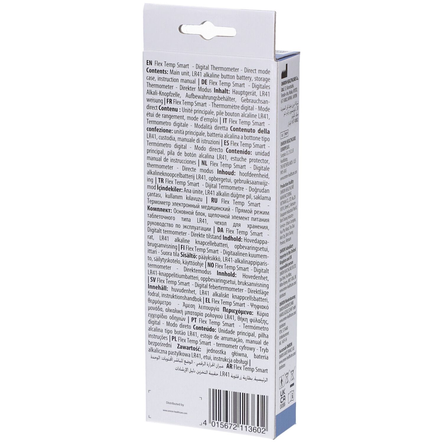 Dos de l'emballage du thermomètre numérique Omron Flex Temp Smart. Informations produit multilingues.