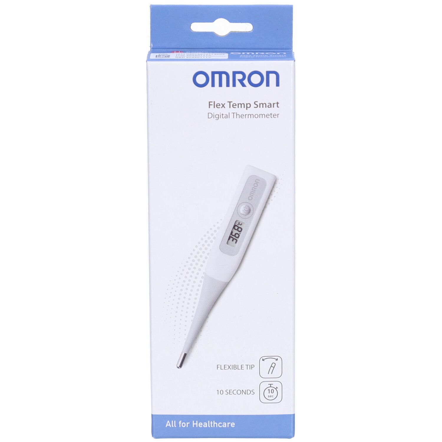 Thermomètre numérique Omron Flex Temp Smart en emballage. Affichage : 36.8°. Pointe flexible. 10 secondes.