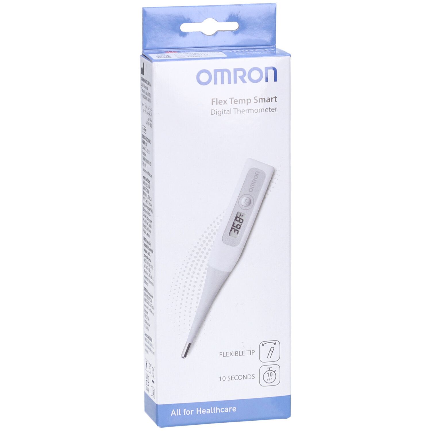 Thermomètre numérique Omron Flex Temp Smart en emballage. Affichage : 36.8°. Pointe flexible. 10 secondes.