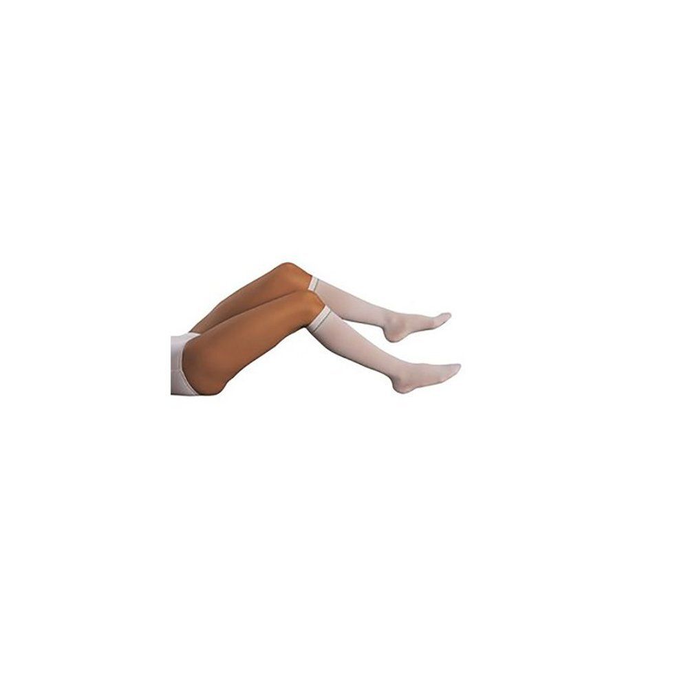 Jambes portant des bas genou blancs. Produit : Bota Embolix AD. Blanc. Vue en perspective.