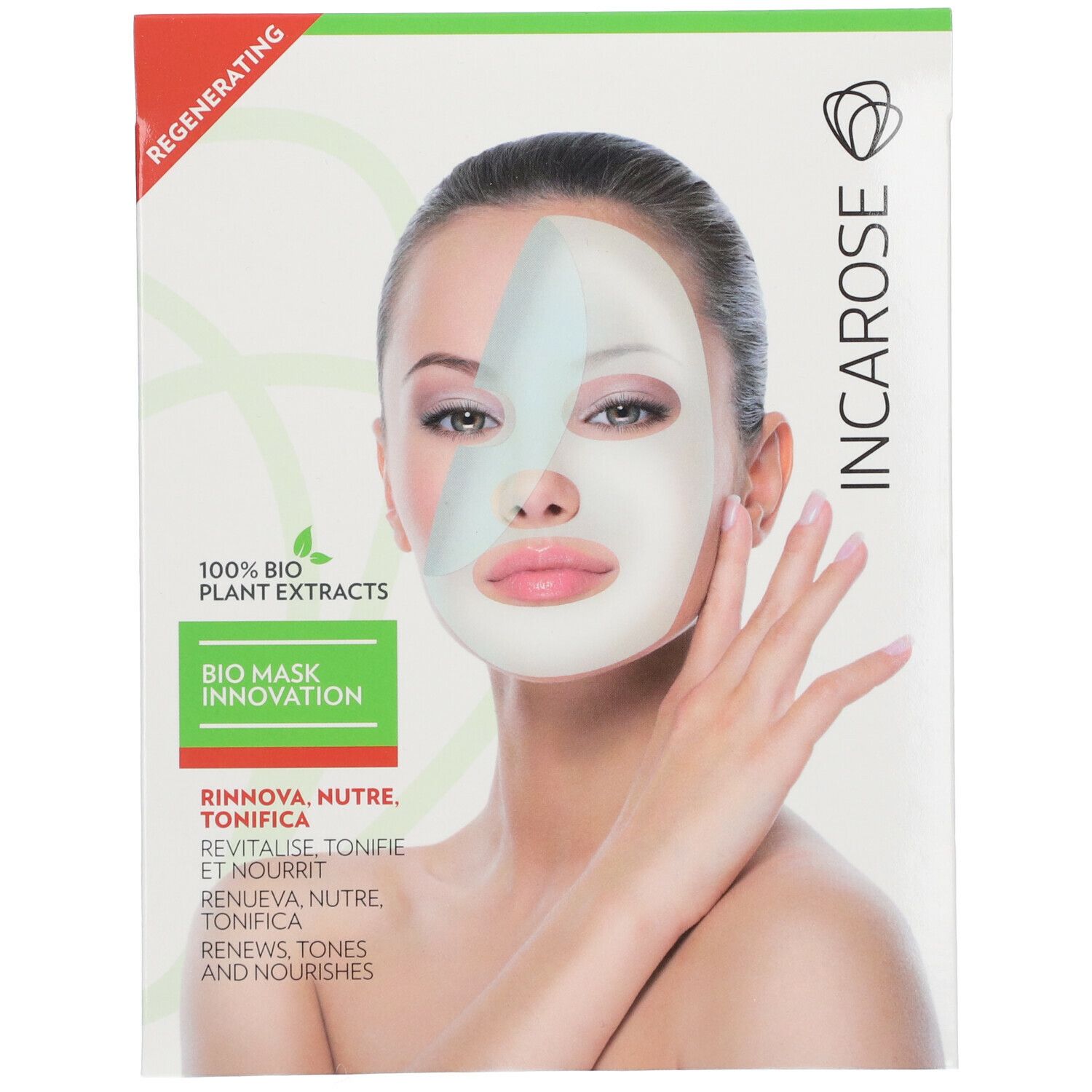 Masque facial sur une femme. Emballage avec texte: INCAROSE, BIO MASK INNOVATION, 100% BIO PLANT EXTRACTS. Régénérant.