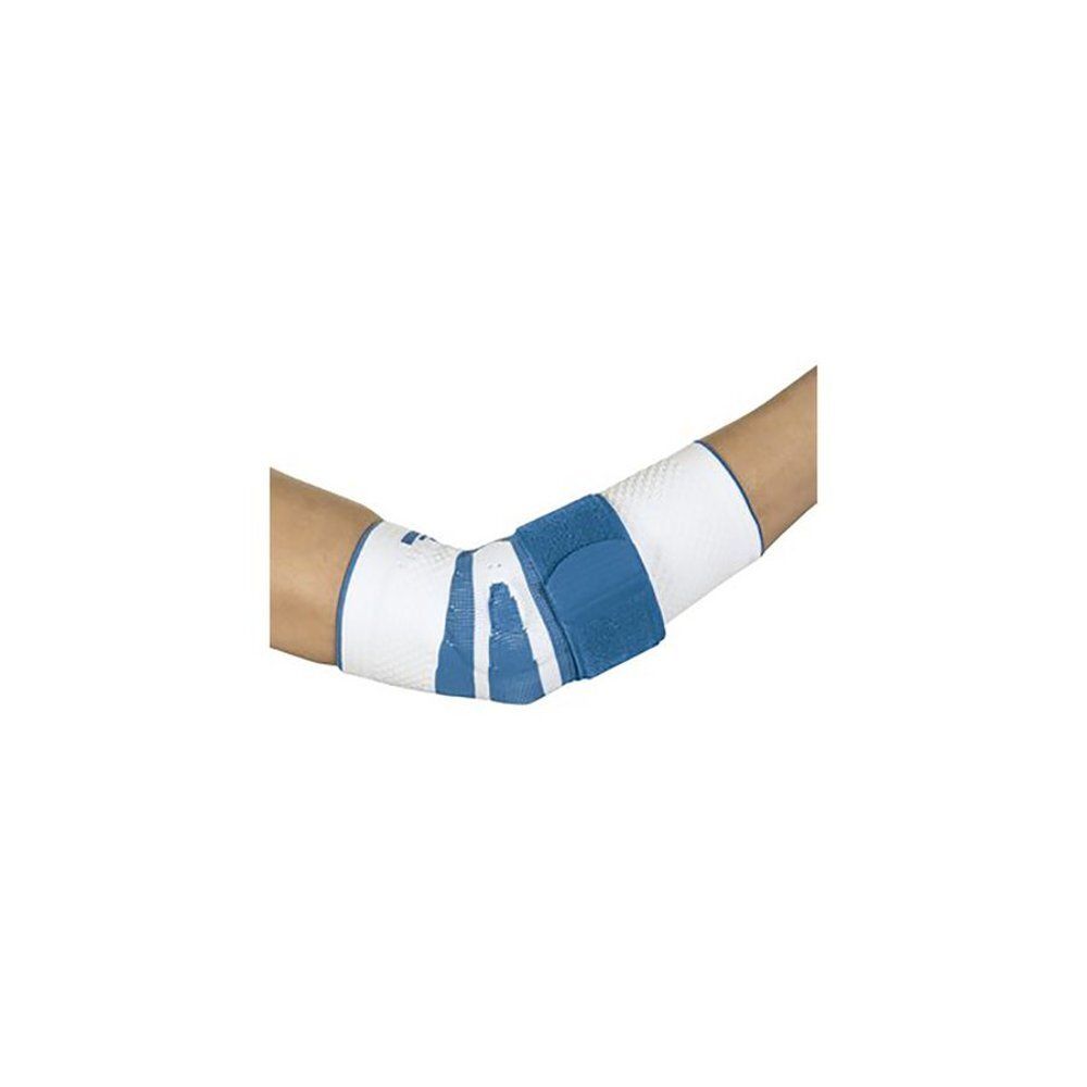 Attelle de coude, blanc et bleu. Avec fermetures velcro. Montre le coude.
