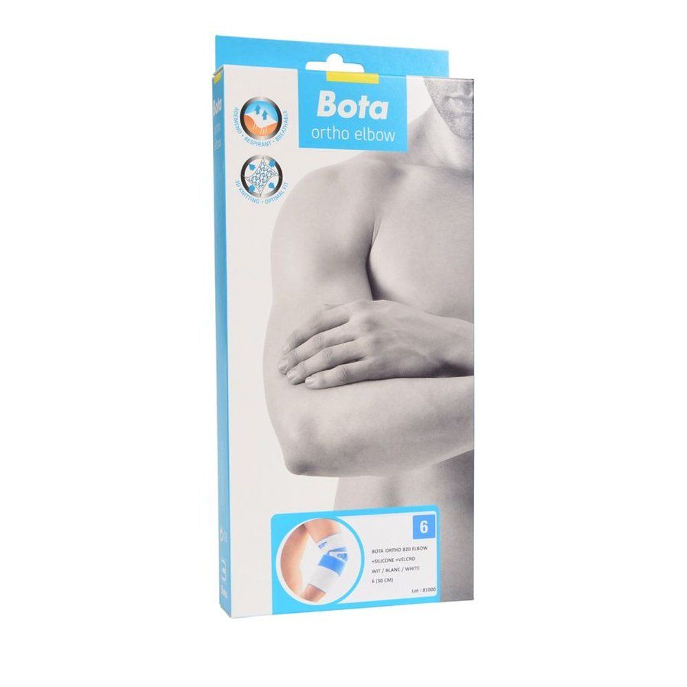 Emballage Bota Ortho Elbow, taille 6. Design bleu et blanc avec image du produit et logo de la marque. Image d'un bras.