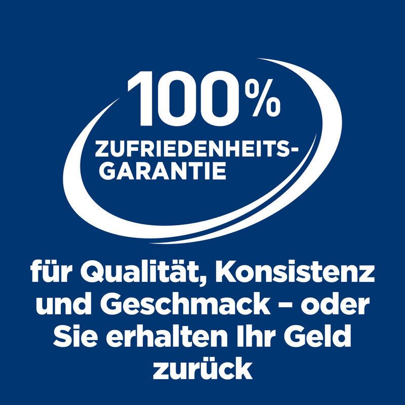 Panneau bleu avec texte: Garantie de satisfaction à 100%. Pour la qualité, la consistance et le goût - ou vous êtes remboursé.
