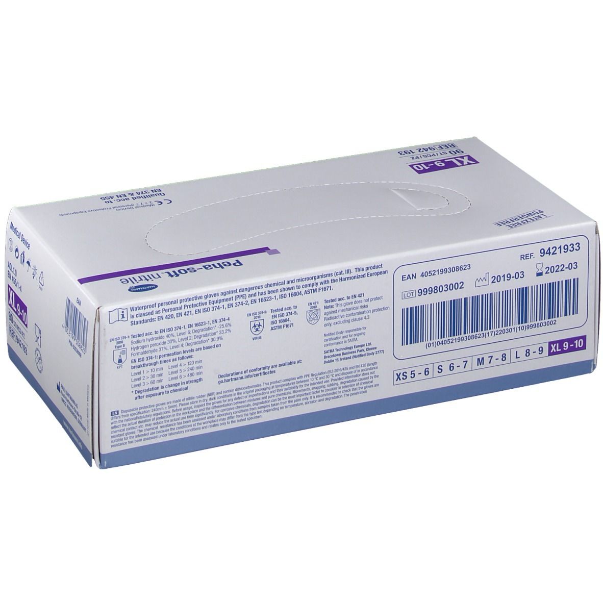 Boîte de gants d'examen XL 9-10, sans poudre, non stériles. Marque Peha-soft nitrile.