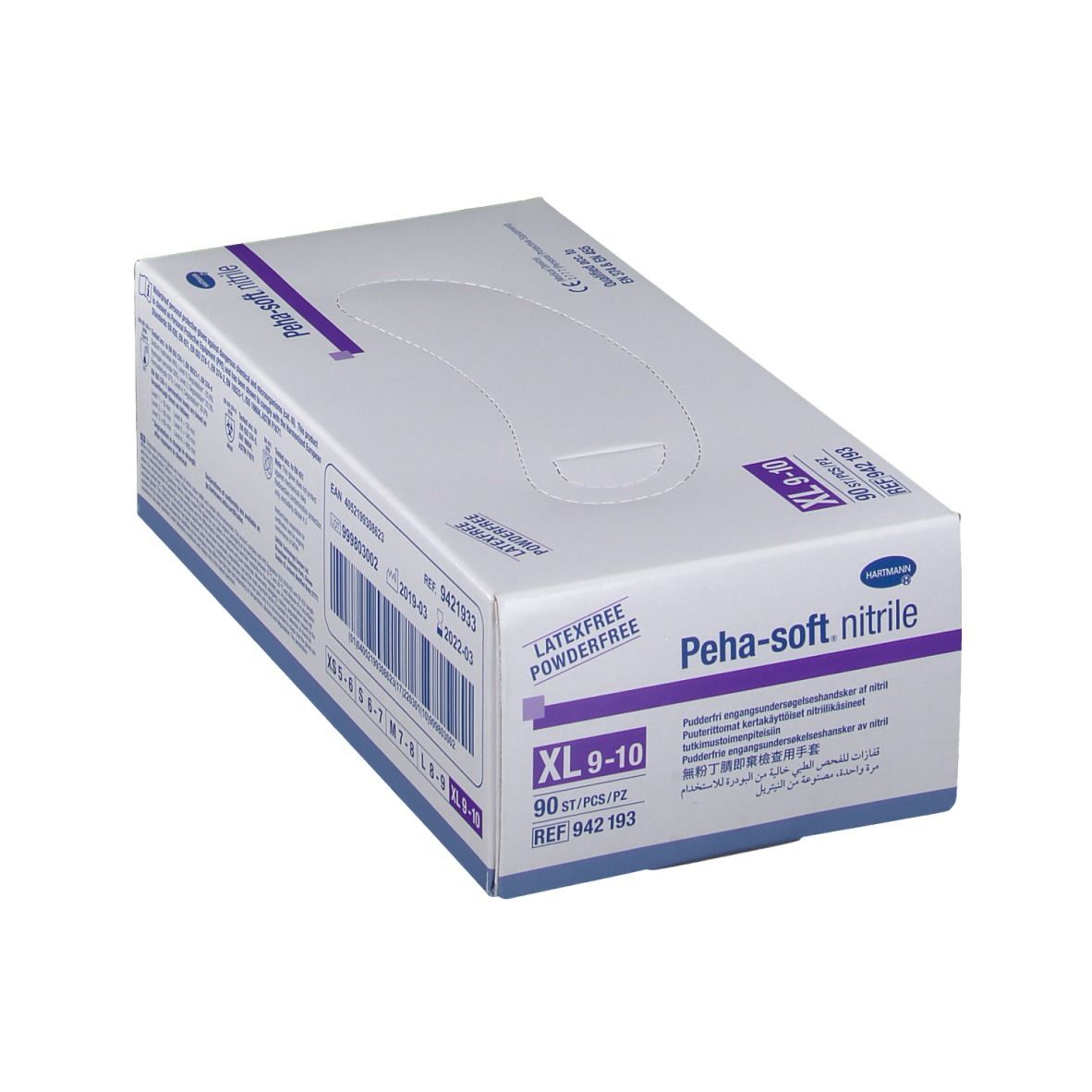 Boîte de gants d'examen XL 9-10, sans poudre, non stériles. Marque Peha-soft nitrile.
