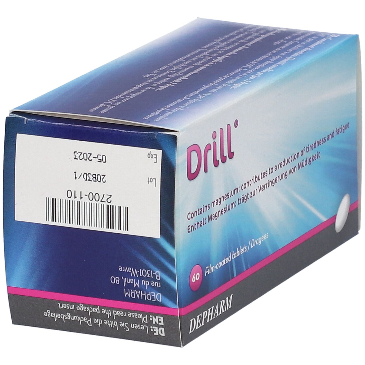 Boîte "Drill" avec magnésium. 60 comprimés pelliculés. Marque Depharm. Date d'expiration.