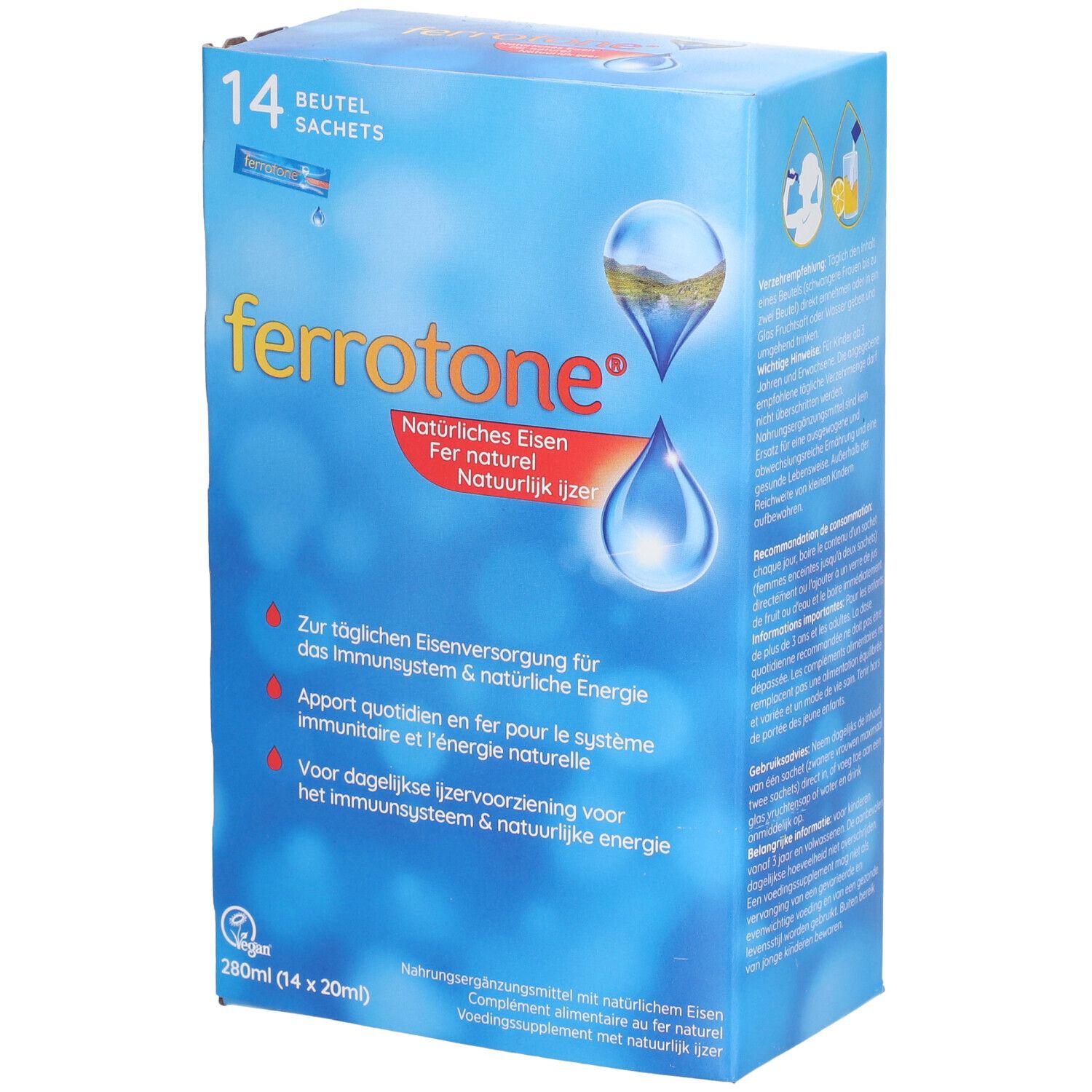 Boîte bleue et blanche "ferrotone®". Contient 14 sachets. Texte: Fer naturel, pour système immunitaire et énergie.