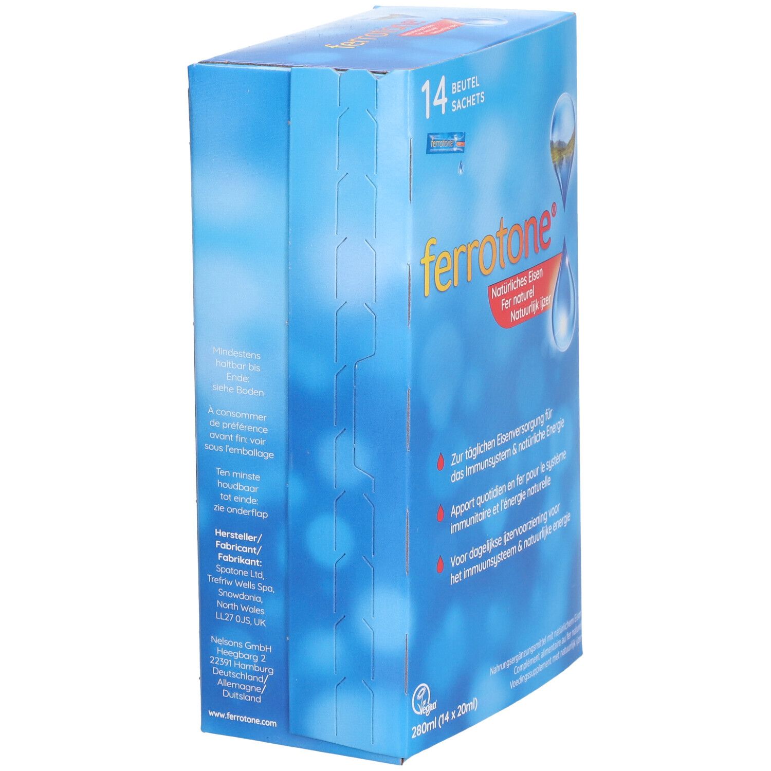 Boîte bleue, logo "ferrotone®". Contient 14 sachets. Texte: Fer naturel, pour système immunitaire et énergie. Vue latérale.