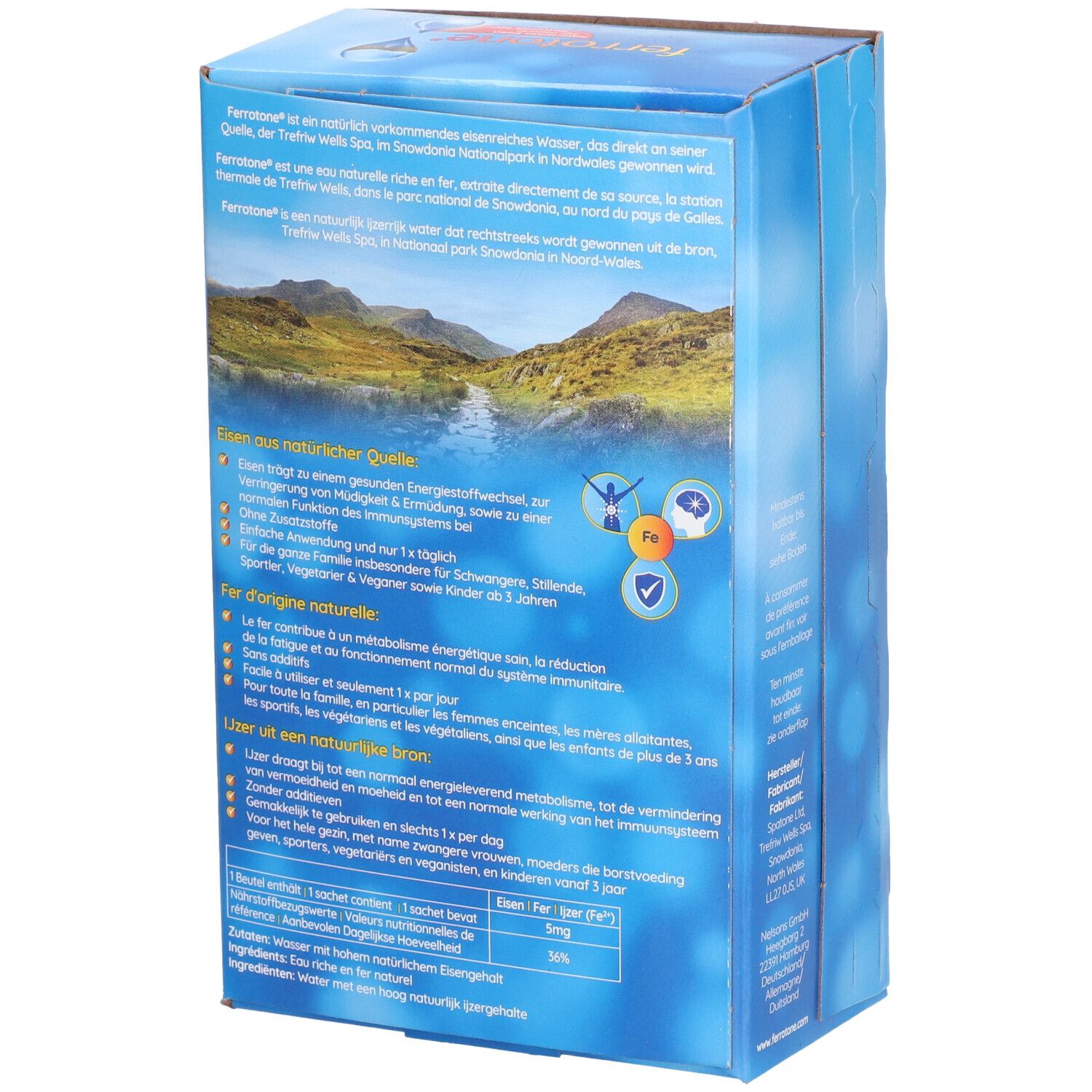 Dos de la boîte "ferrotone®". Texte sur la source naturelle, le fer et les ingrédients. Paysage en arrière-plan.
