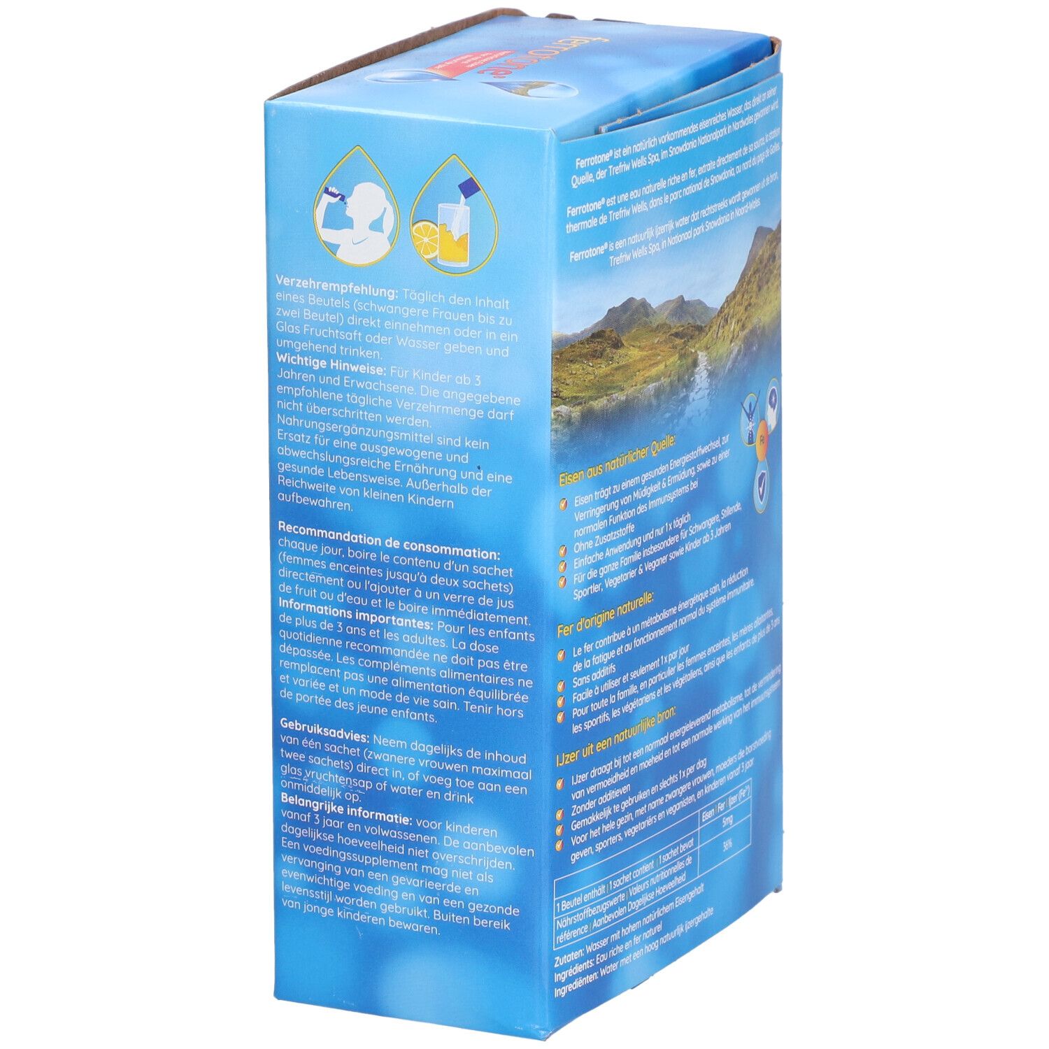 Dos de la boîte "ferrotone®". Texte sur l'utilisation et les ingrédients. Paysage en arrière-plan.