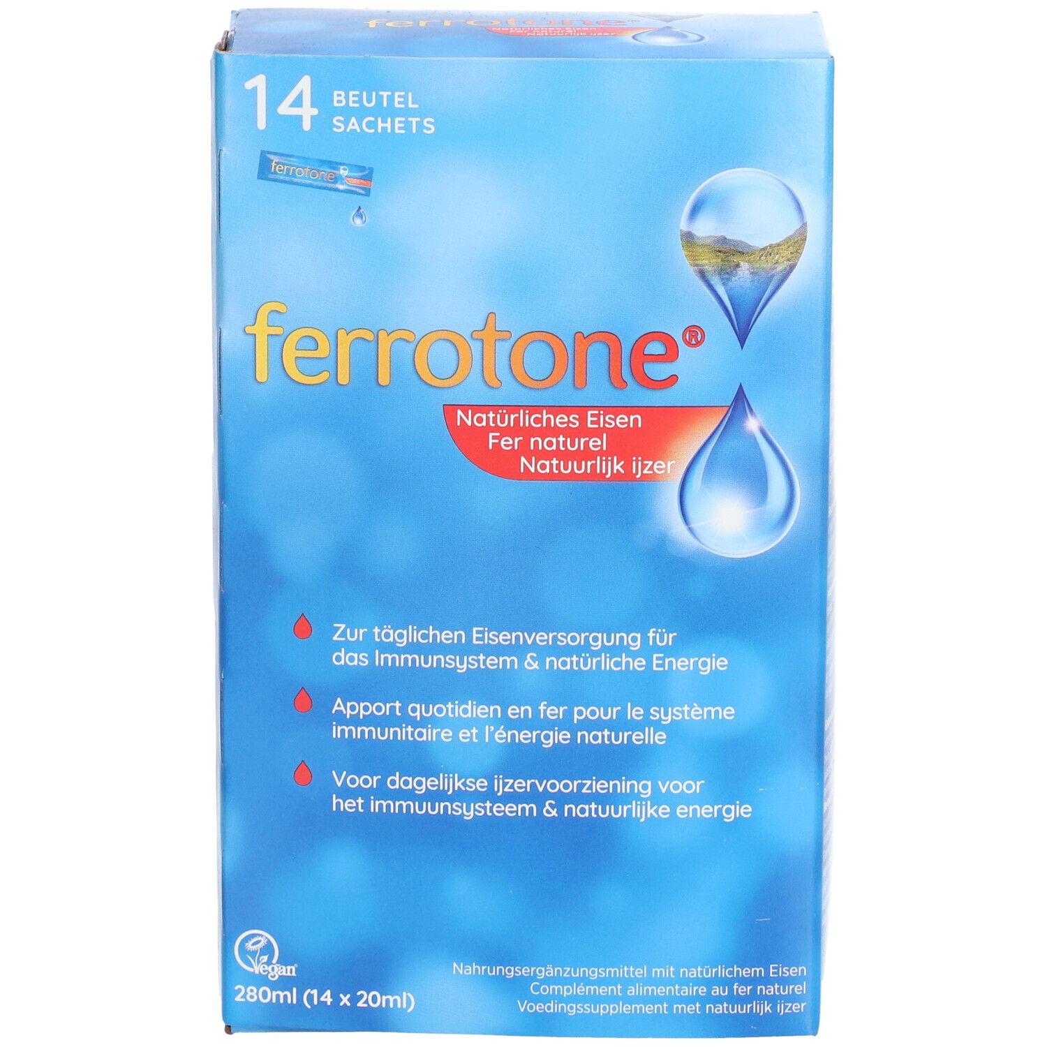 Boîte bleue "ferrotone®". Contient 14 sachets. Texte: Fer naturel, pour système immunitaire et énergie. Vue de face.