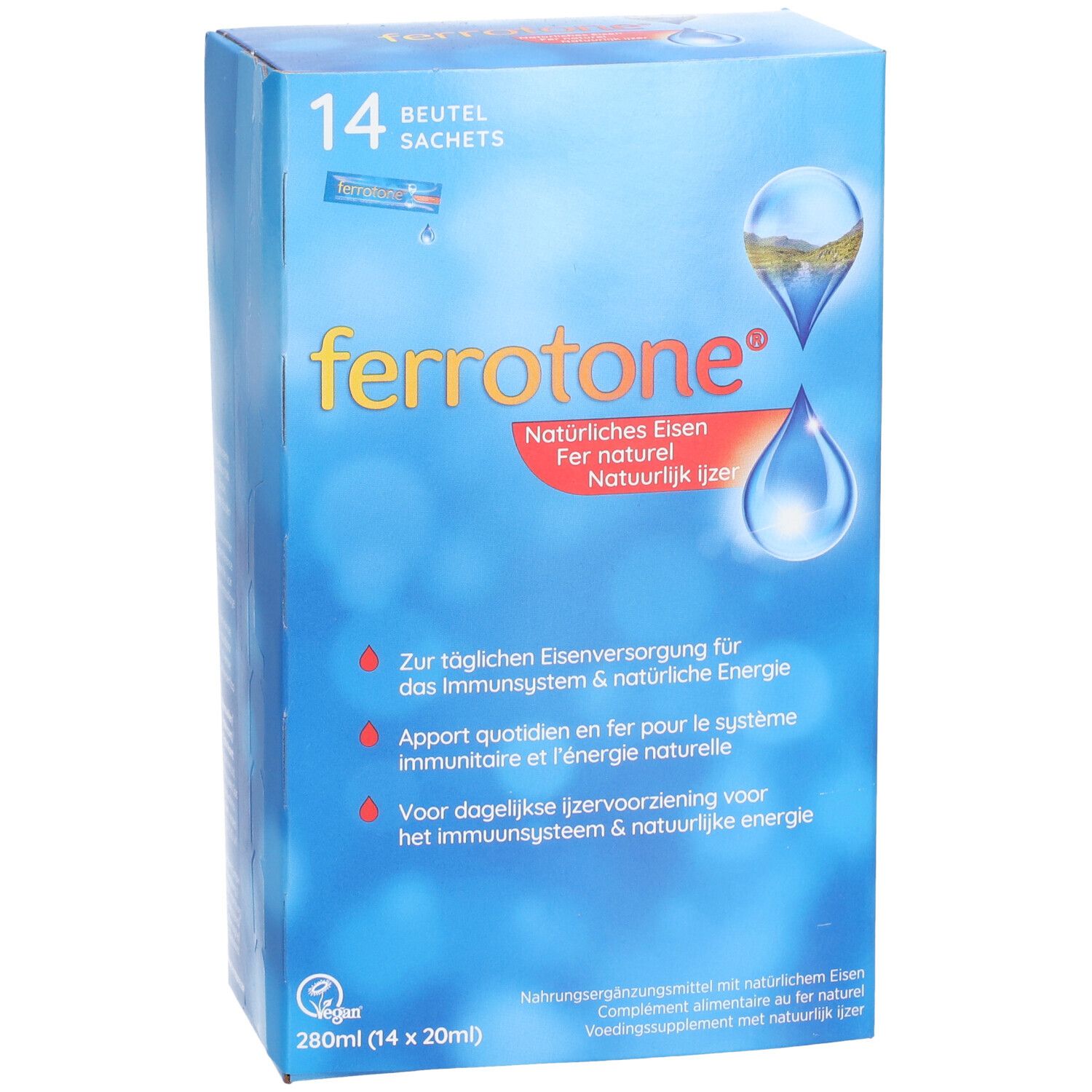 Boîte bleue "ferrotone®". Contient 14 sachets. Texte: Fer naturel, pour système immunitaire et énergie. Vue de face.