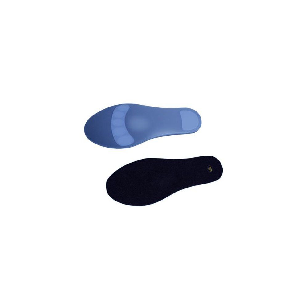 Deux semelles intérieures en silicone bleu. Une avec surface bleue, une face inférieure noire. Vue détaillée.