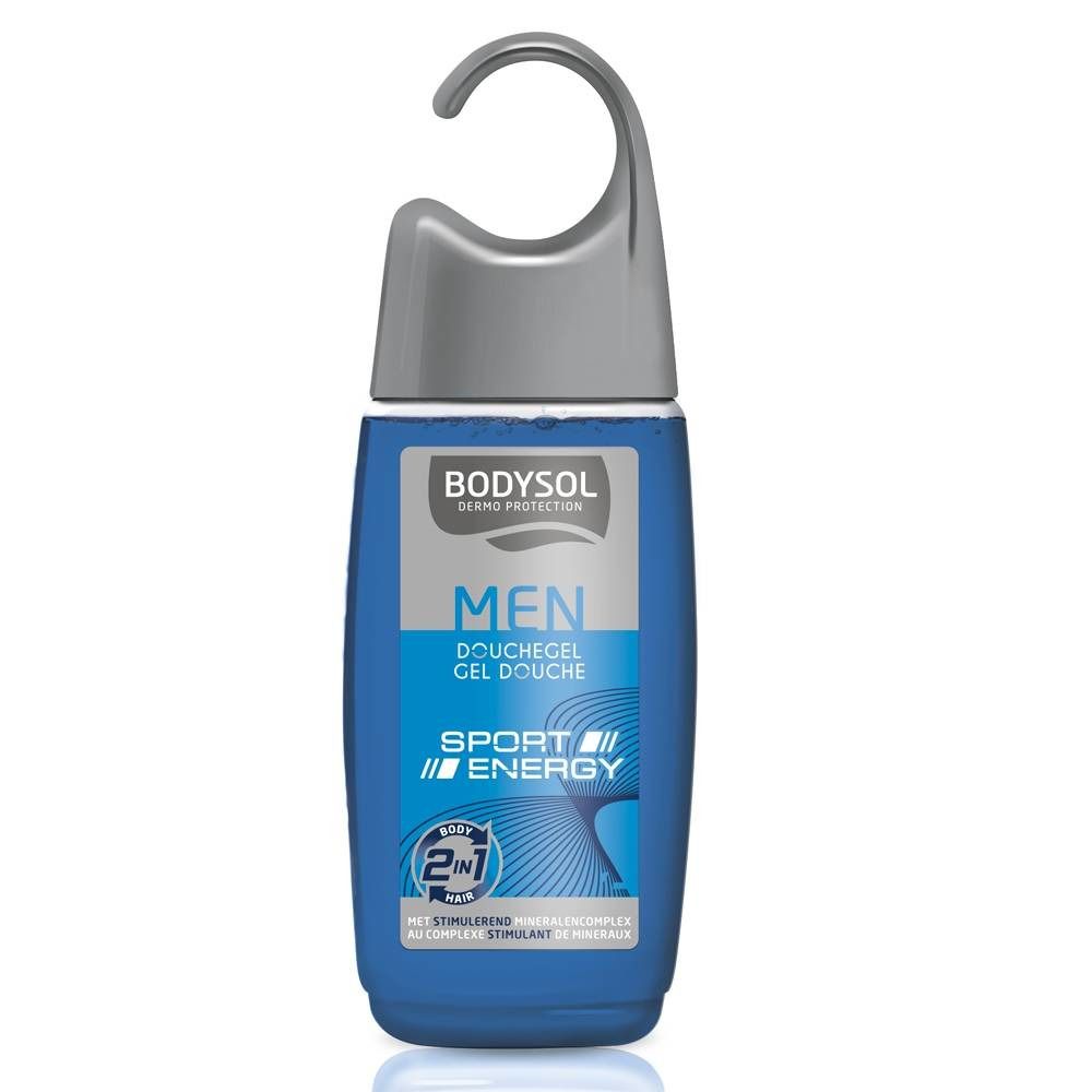 Flacon de gel douche bleu transparent avec crochet gris. Inscription: Bodysol Men Gel Douche Sport Energy. 2en1.