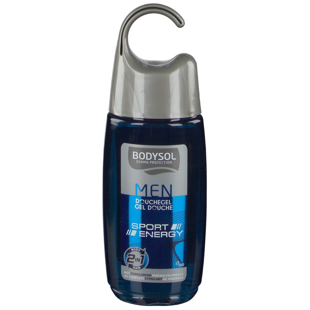 Flacon de gel douche bleu transparent avec crochet gris. Inscription: Bodysol Men Gel Douche Sport Energy. 2en1.