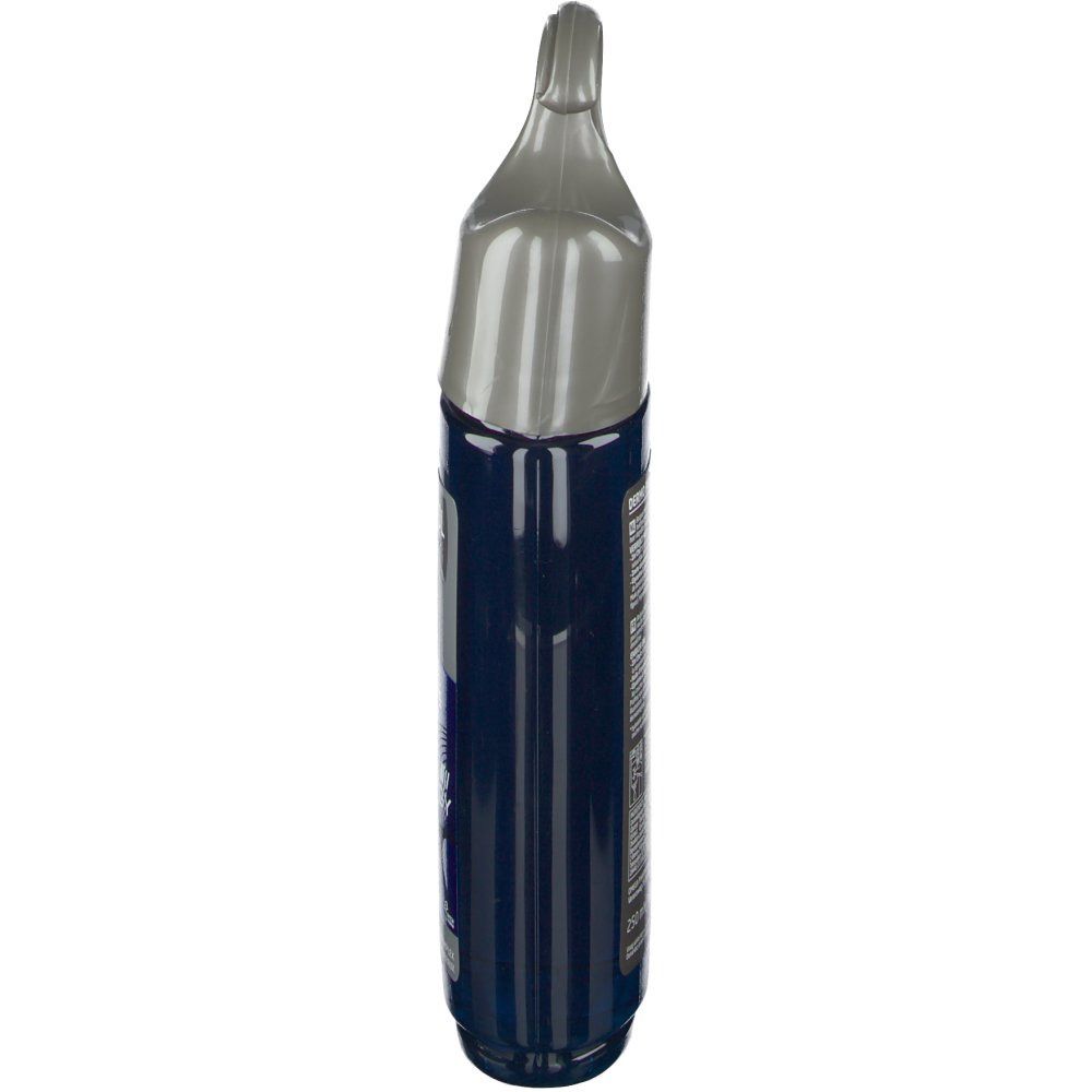 Flacon de gel douche bleu avec crochet gris. Vue latérale. Texte illisible.