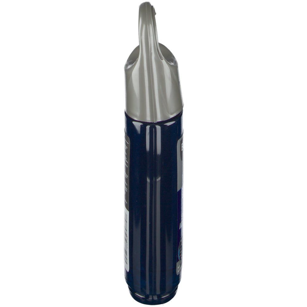 Flacon de gel douche bleu avec crochet gris. Vue latérale. Texte illisible.