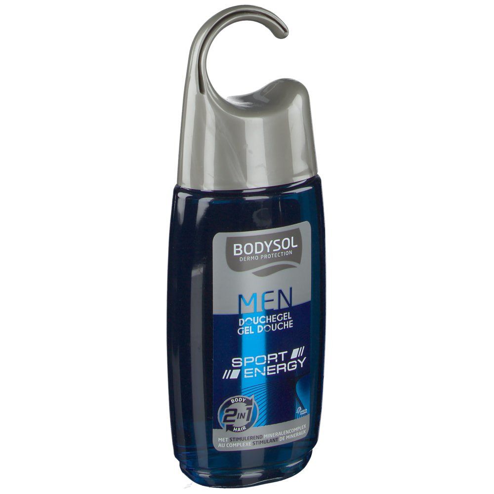 Flacon de gel douche bleu transparent avec crochet gris. Inscription: Bodysol Men Gel Douche Sport Energy. 2en1.
