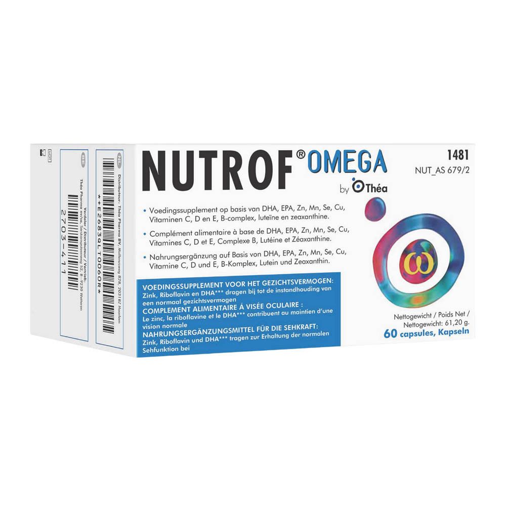 Boîte blanche NUTROF® OMEGA. Contient 60 capsules. Logo oméga. Texte multilingue.