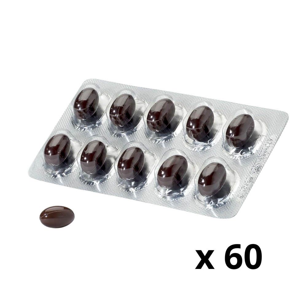 Gros plan sur des capsules brunes. 60 capsules. Une capsule à côté.