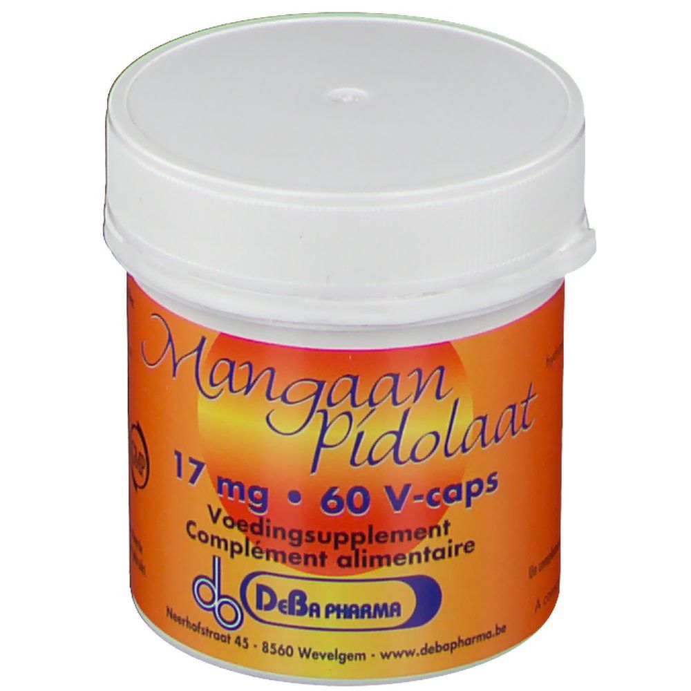 Pot avec étiquette orange. Inscription: Mangaan Pidolaat 17 mg, 60 V-caps. Marque: DeBa Pharma.