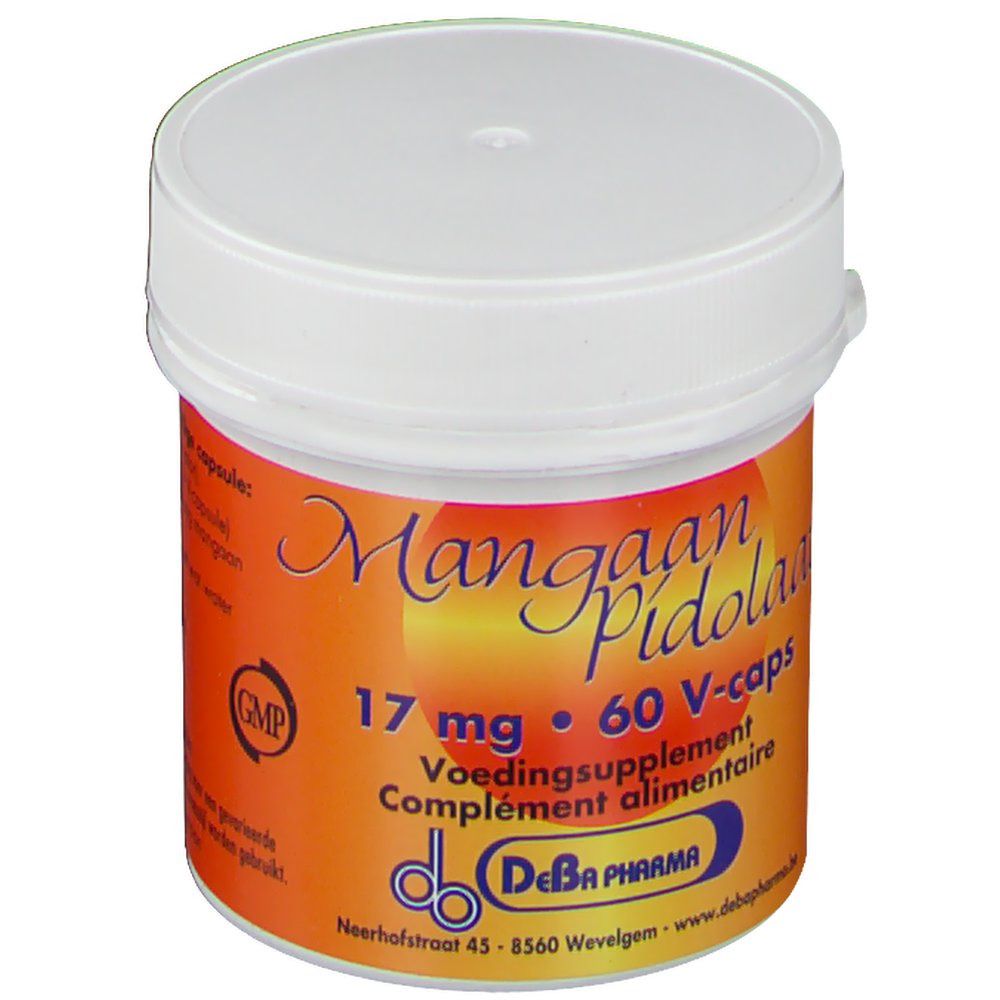Pot avec étiquette orange. Inscription: Mangaan Pidolaat 17 mg, 60 V-caps. Logo GMP. Marque: DeBa Pharma.