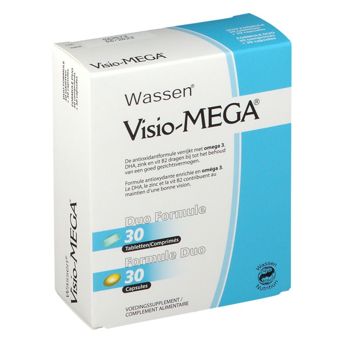 Boîte Visio-MEGA®. Formule Duo avec 30 comprimés et 30 gélules. Boîte blanche et bleue avec nom et logo du produit.