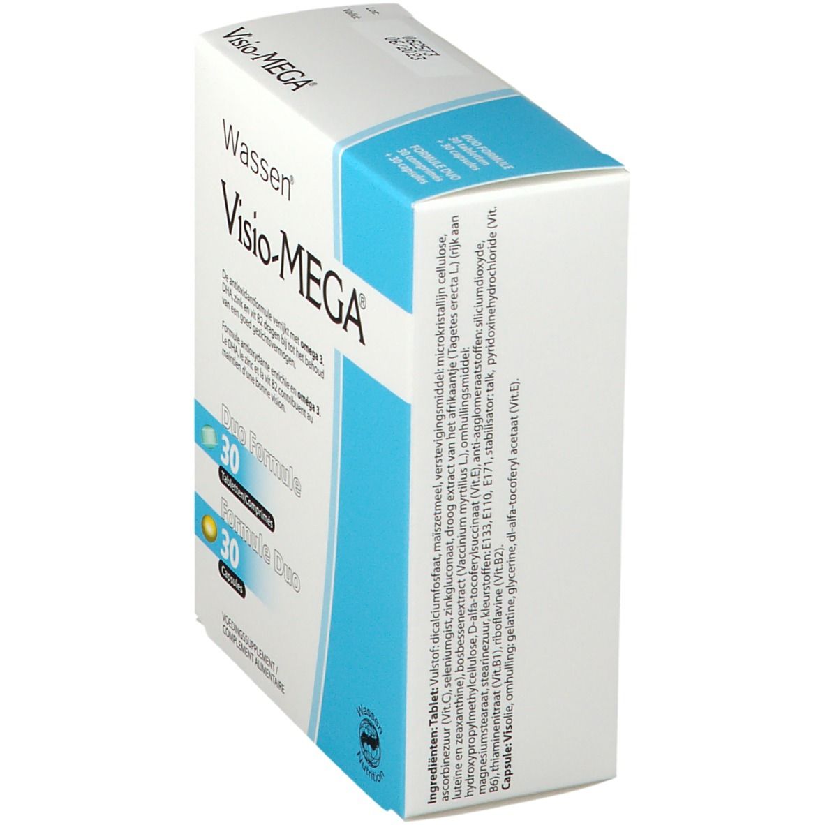 Vue latérale de la boîte Visio-MEGA®. Contient des informations sur les ingrédients et la valeur nutritionnelle. Boîte blanche et bleue.