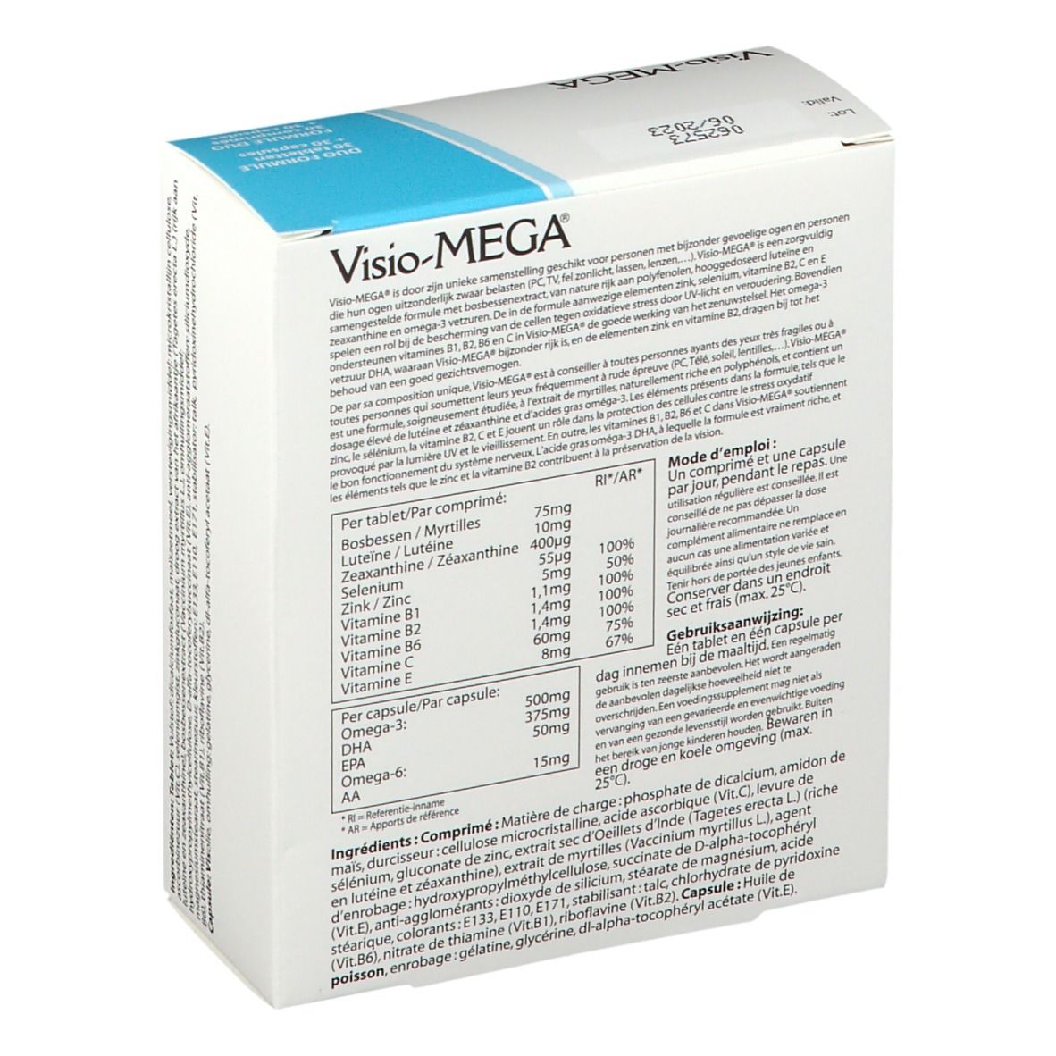 Dos de la boîte Visio-MEGA®. Contient des informations sur l'utilisation et les valeurs nutritionnelles. Boîte blanche et bleue.