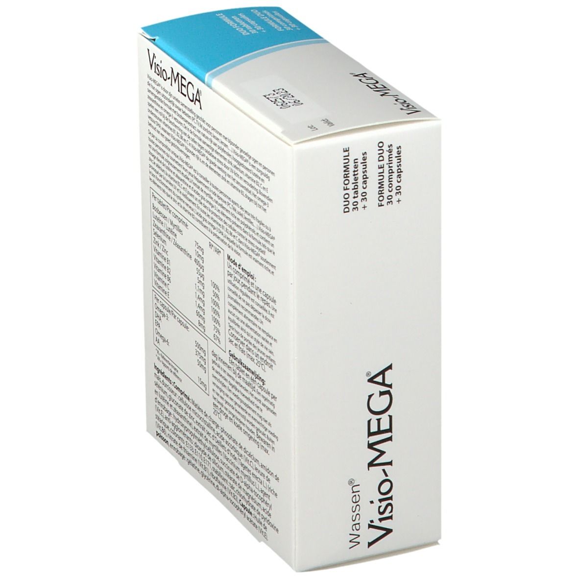 Boîte Visio-MEGA®, vue en biais. Contient le nom du produit et des informations. Boîte blanche et bleue.