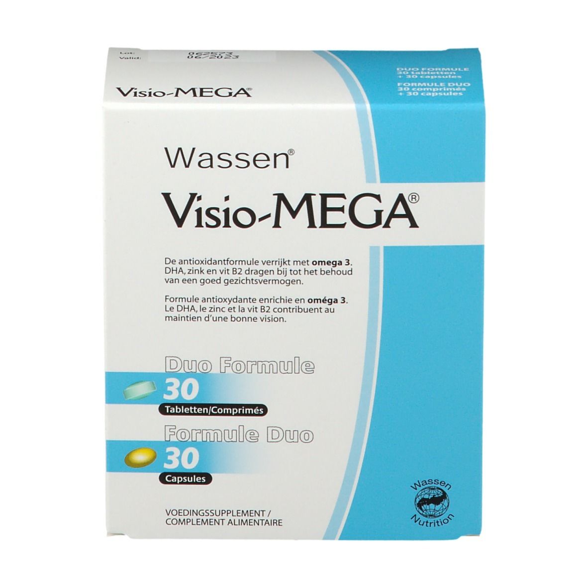 Boîte Visio-MEGA®. Formule Duo avec 30 comprimés et 30 gélules. Boîte blanche et bleue avec nom et logo du produit.
