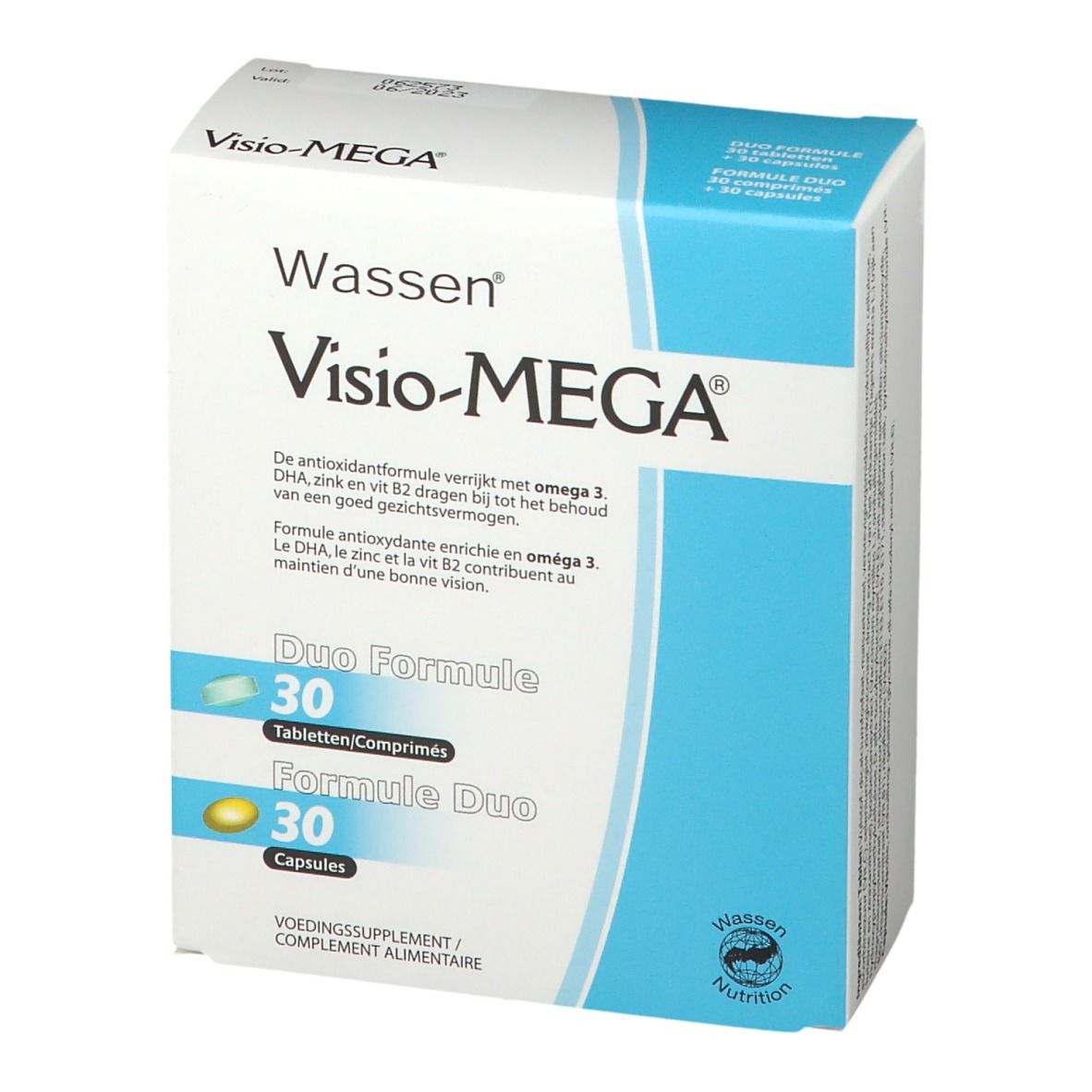 Boîte Visio-MEGA®. Formule Duo avec 30 comprimés et 30 gélules. Boîte blanche et bleue avec nom et logo du produit.