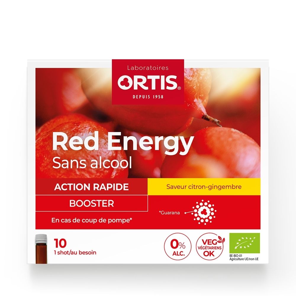 Boîte Ortis Red Energy 10 shots, saveur citron-gingembre, 0% alcool, végétarien.