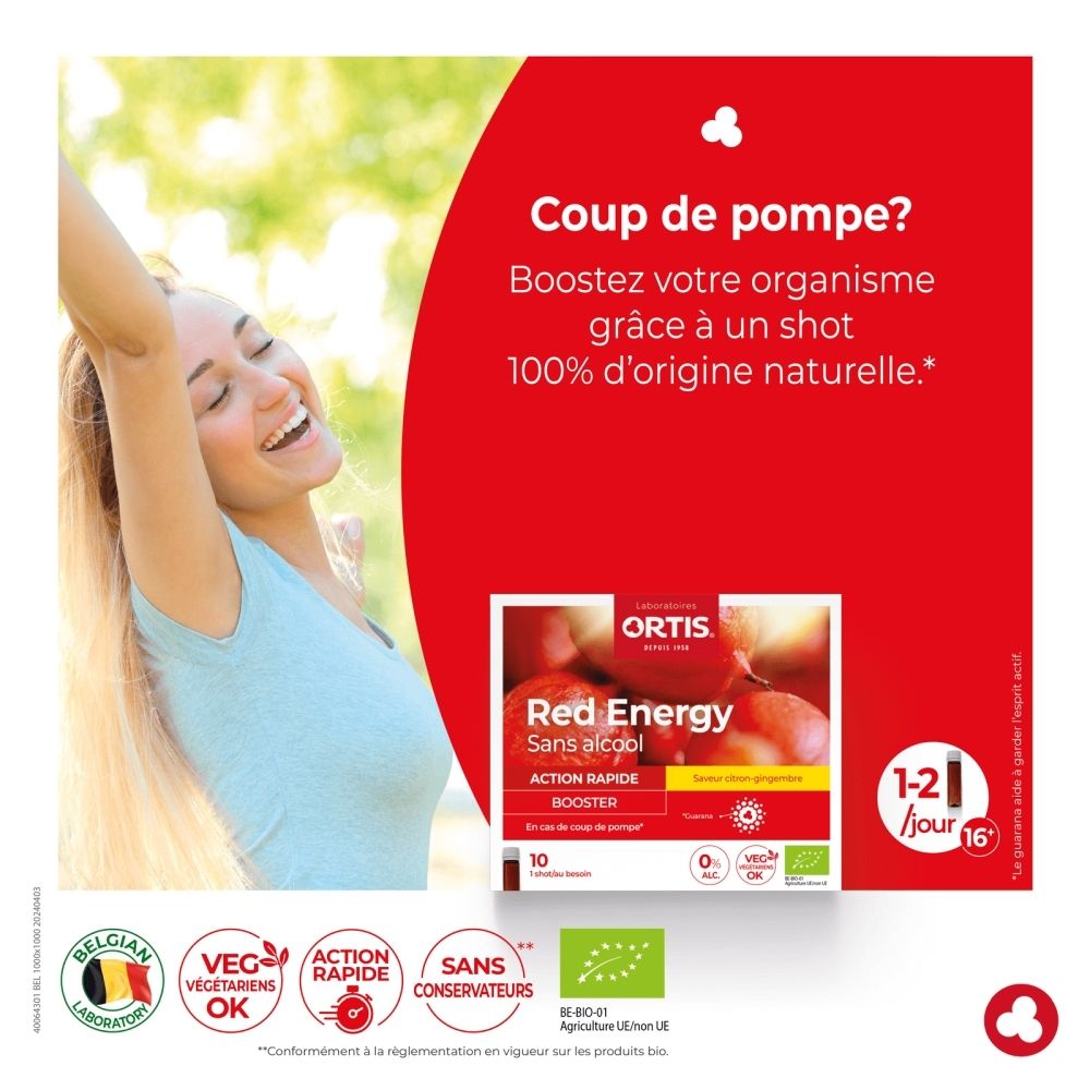 Flacon en verre brun avec bouchon à vis blanc, étiquette "Ortis Red Energy Sans alcool/Zonder alcohol".