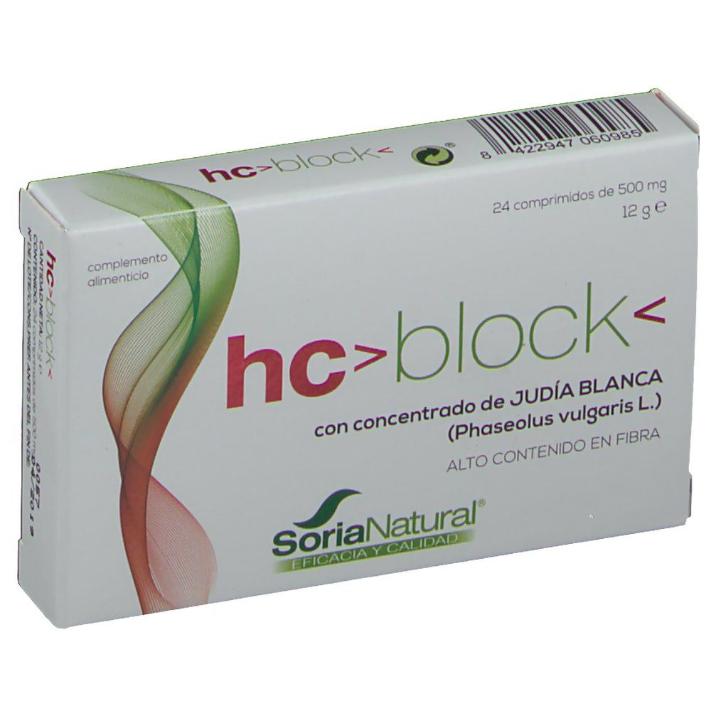 Boîte hc>block< avec 24 comprimés. Ingrédients : extrait de haricot blanc. Marque Soria Natural.