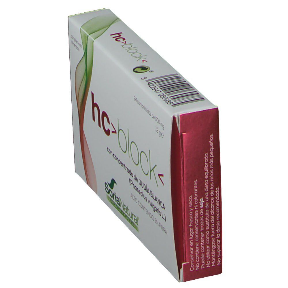 Vue oblique de la boîte hc>block<. Contient 24 comprimés. Marque Soria Natural.