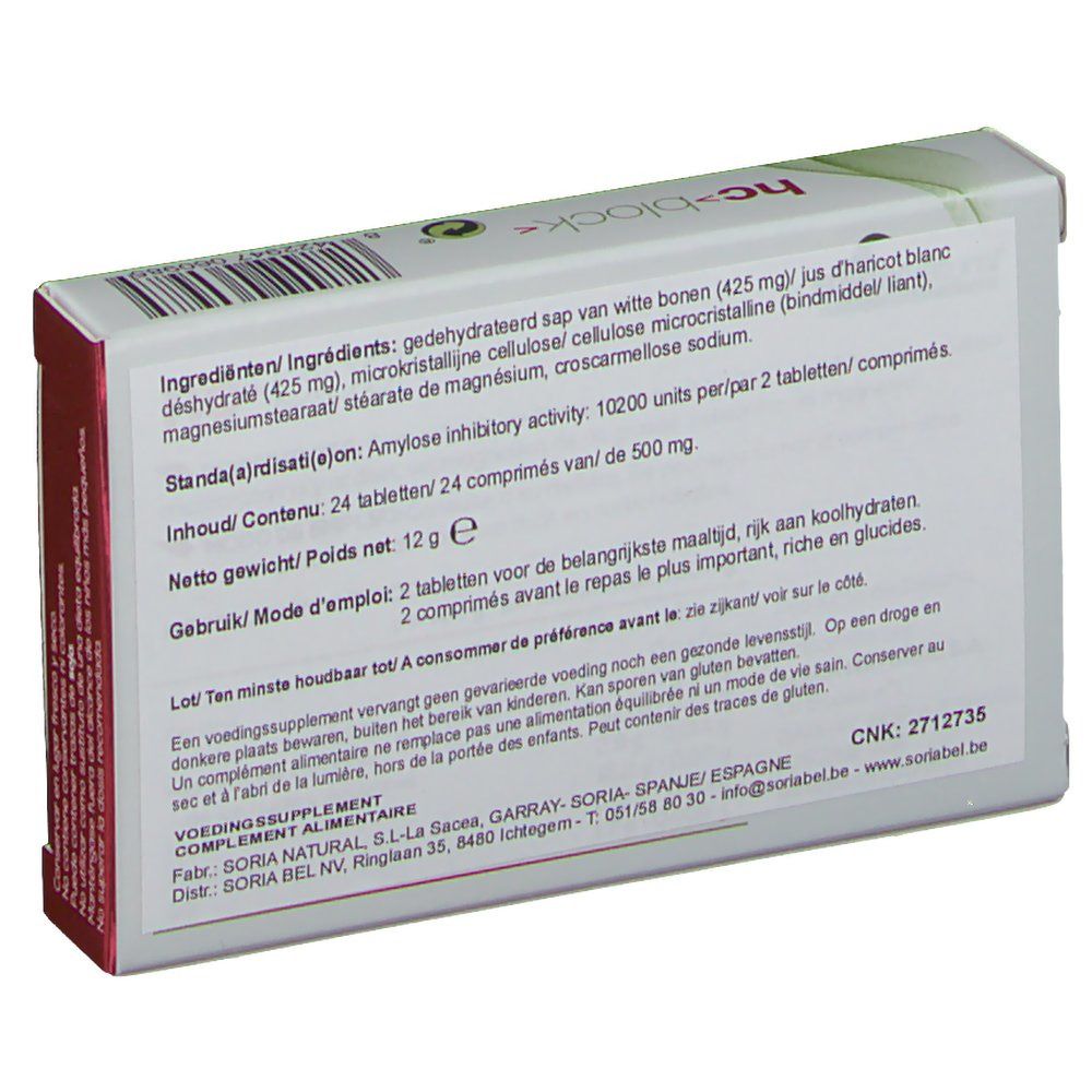 Dos de la boîte hc>block<. Ingrédients et instructions d'utilisation. CNK 2712735.