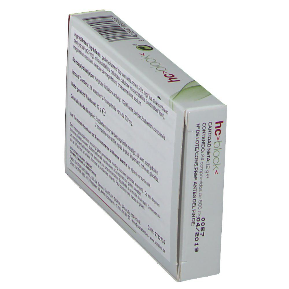 Vue oblique de la boîte hc>block<. Contient 24 comprimés. Date de péremption.