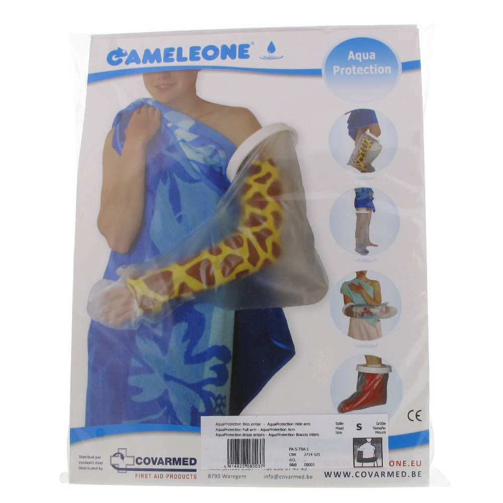 Emballage Cameleone Aquaprotection Full Arm Transparant S. Illustration d'un protecteur de bras sur une personne.
