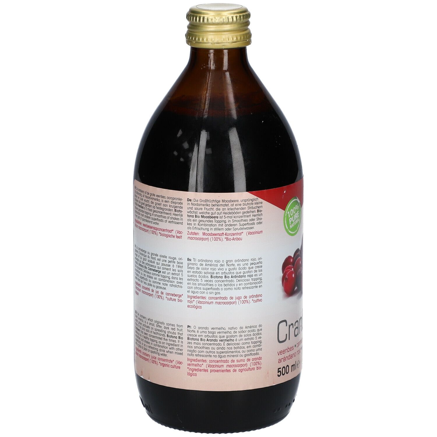 Bouteille en verre brun de concentré de canneberge. Dos avec informations textuelles et étiquette.