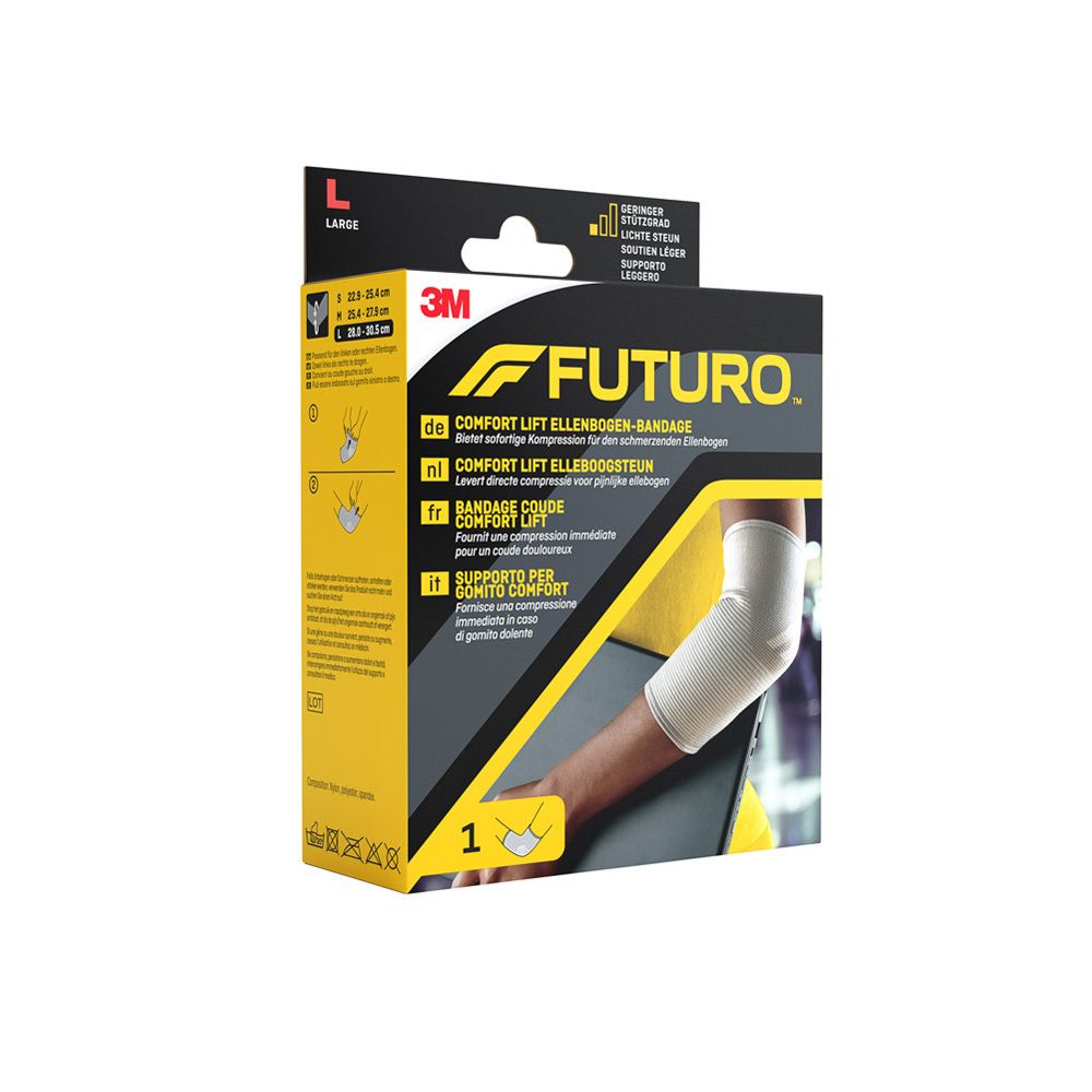 Bandage coude Comfort Lift Futuro™, taille L. L'emballage affiche les tailles et une image du produit.