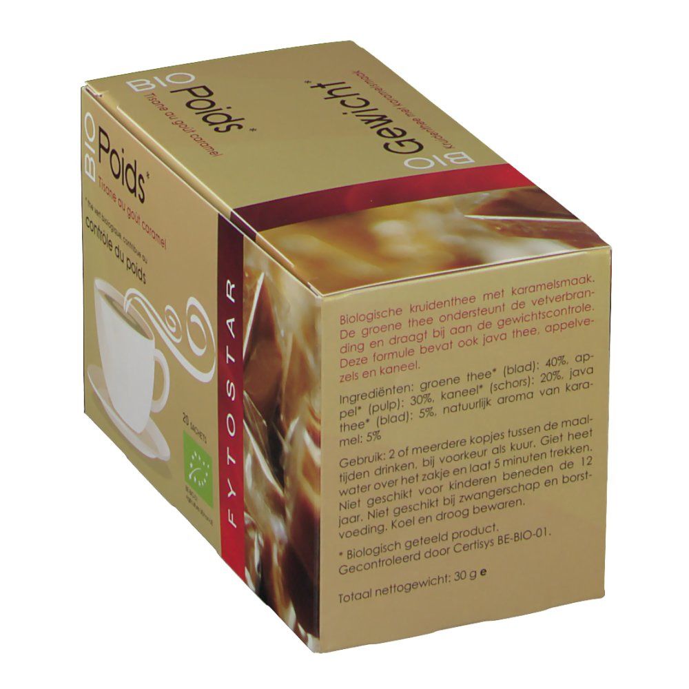 Boîte de tisane. Inscription : BIO Poids, Tisane au goût caramel, 20 sachets. Logo agriculture biologique. Contient des sachets.