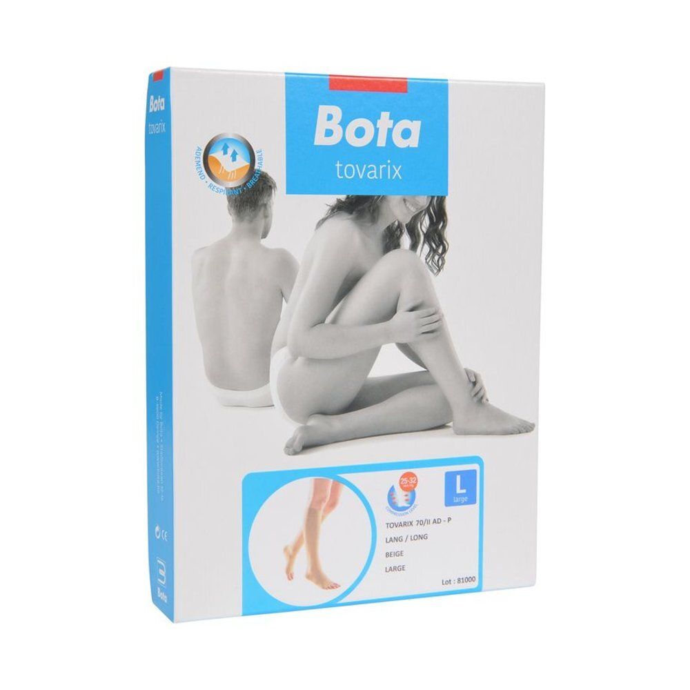 Emballage de Tovarix 70/II Kniestrumpf. Logo Bota et illustration du produit. Bas beiges dans des cercles.